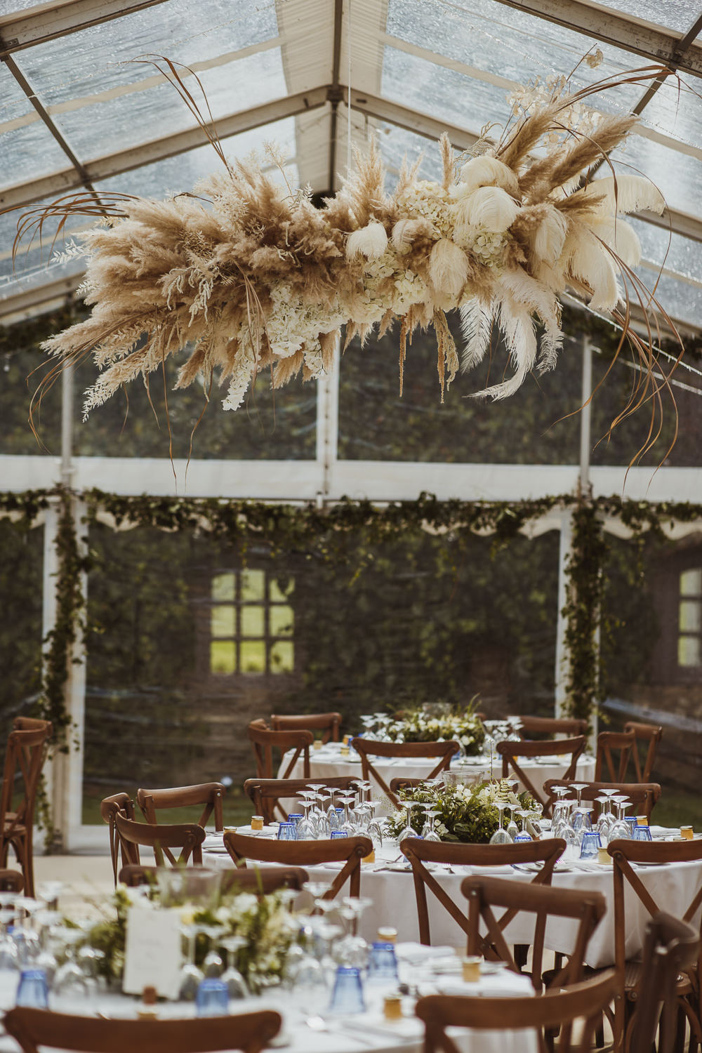 Clear Marquee Pampas Grass Cloud Flowers Hoop Decor Newburgh Priory Wedding Neil Jackson Photographic