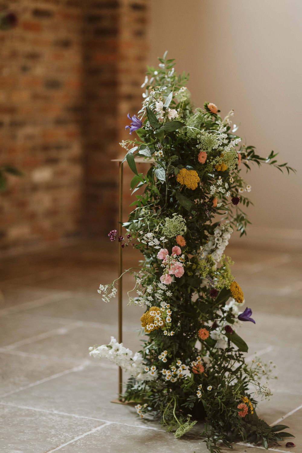 Flower Installation Tall Wire Stand Ceremony Oakwood at Ryther Wedding Freya Raby