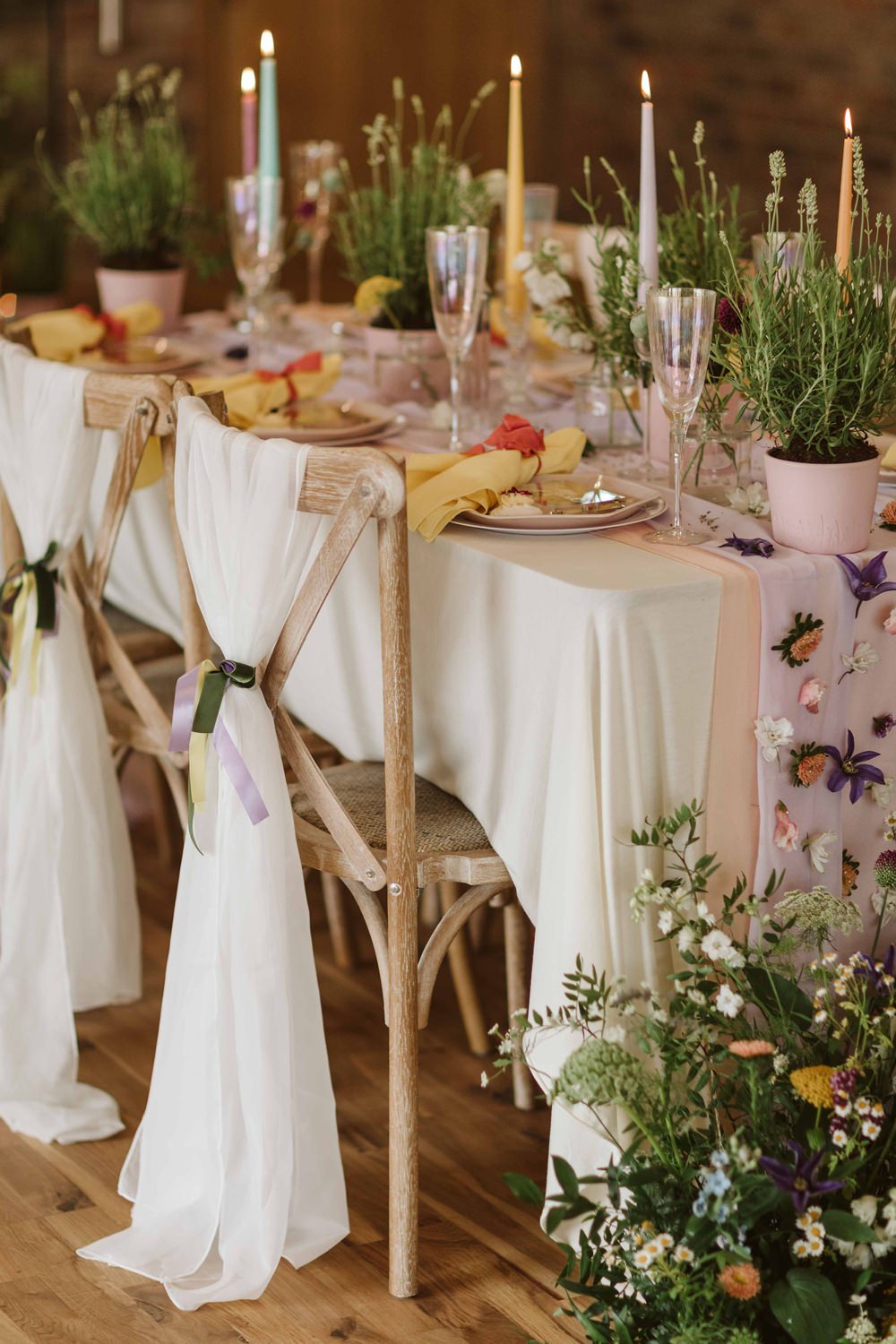 Table Decor Tablescape Candles Flowers Meadow Wild Flowers Pretty Oakwood at Ryther Wedding Freya Raby