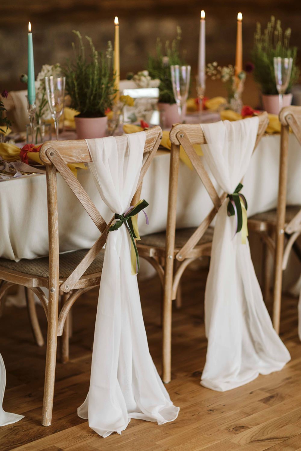 Chair Backs Fabric Ribbon Oakwood at Ryther Wedding Freya Raby