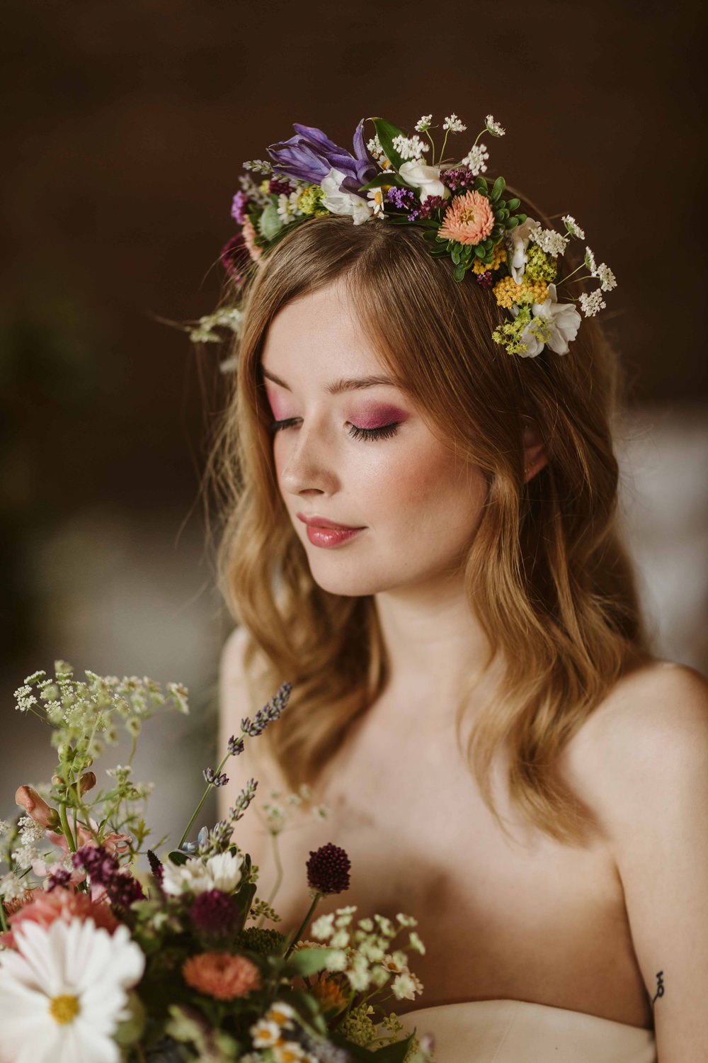 Bride Bridal Make Up Flower Crown Short Hair Waves Oakwood at Ryther Wedding Freya Raby