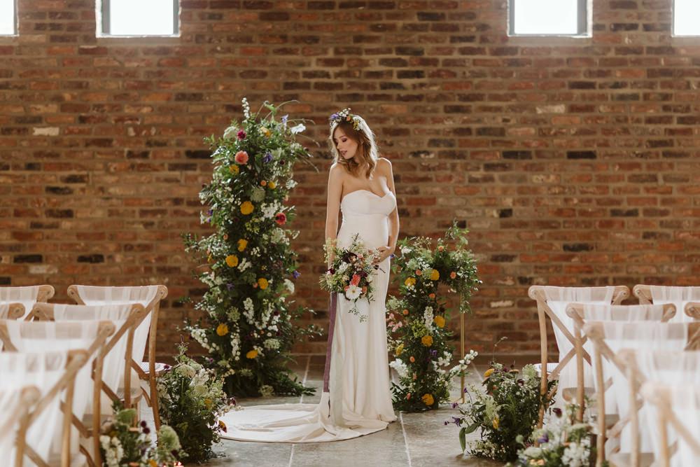 Flower Installation Backdrop Ceremony Aisle Oakwood at Ryther Wedding Freya Raby