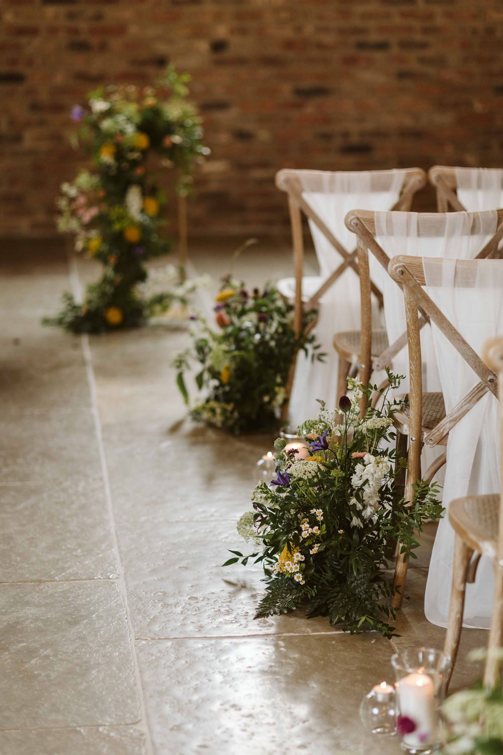 Oakwood at Ryther Wedding Freya Raby Chairs Aisle Pew End Flowers Candles Ceremony