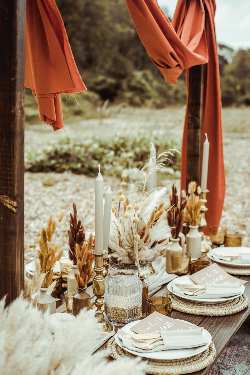Table Tablescape Decor Decoration Pampas Grass Candles Dried Flowers Rust Wedding Inspiration Golden Hare Wedding Photography