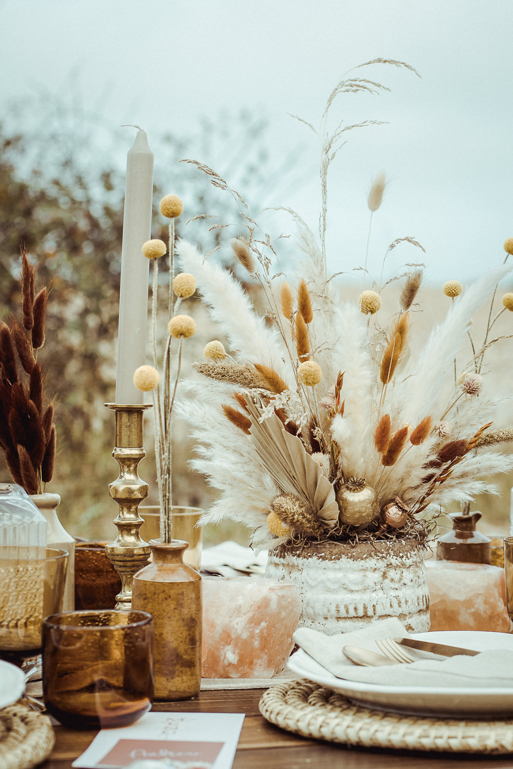 Table Tablescape Decor Decoration Pampas Grass Candles Dried Flowers Rust Wedding Inspiration Golden Hare Wedding Photography