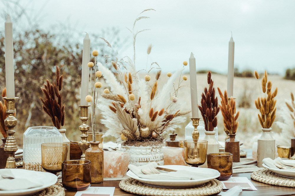 Table Tablescape Decor Decoration Pampas Grass Candles Dried Flowers Rust Wedding Inspiration Golden Hare Wedding Photography