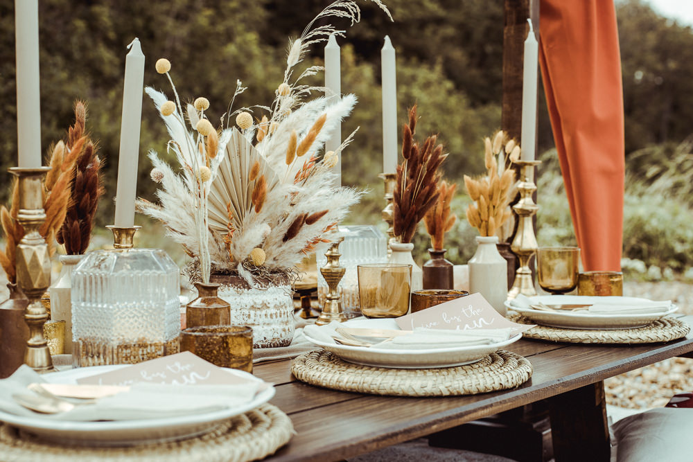 Table Tablescape Decor Decoration Pampas Grass Candles Dried Flowers Rust Wedding Inspiration Golden Hare Wedding Photography