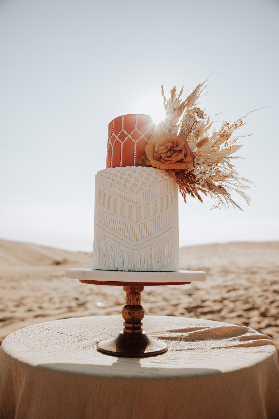 Cake Macrame Boho Rust Orange Dried Flowers Sand Dunes Wedding Photos By Gayle