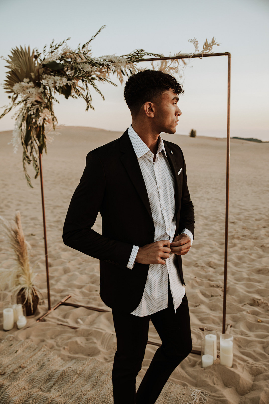 Groom Suit Open Collar Shirt Sand Dunes Wedding Photos By Gayle