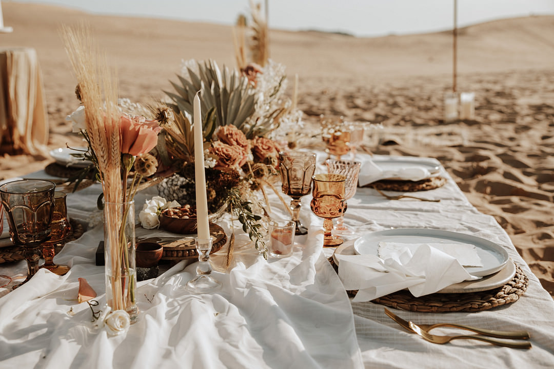 Table Tablescape Dried Flowers Boho Candles Rust Orange Sand Dunes Wedding Photos By Gayle