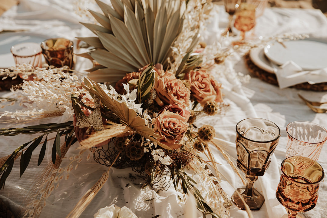 Table Tablescape Dried Flowers Boho Candles Rust Orange Palms Sand Dunes Wedding Photos By Gayle