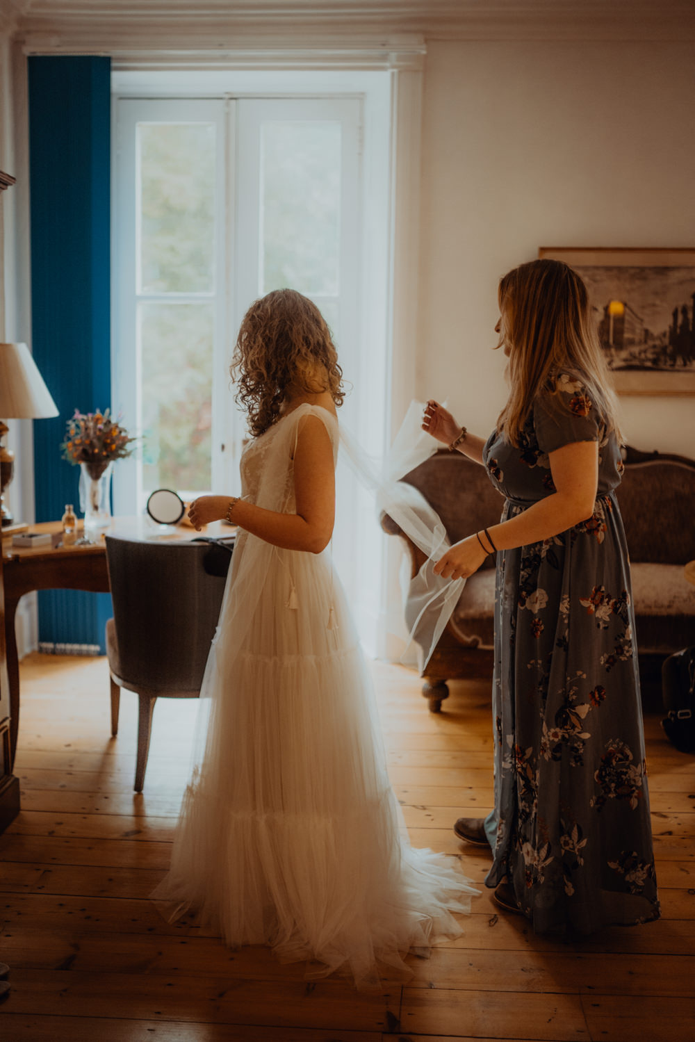 Dress Gown Bride Bridal Gala Tulle Sleeves Cape Veil Scottish Elopement Belle Art Photography