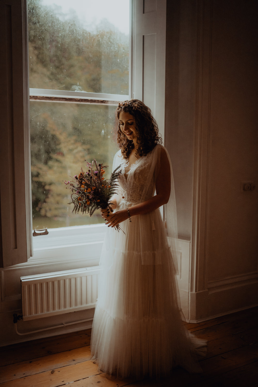 Dress Gown Bride Bridal Gala Tulle Sleeves Cape Veil Scottish Elopement Belle Art Photography