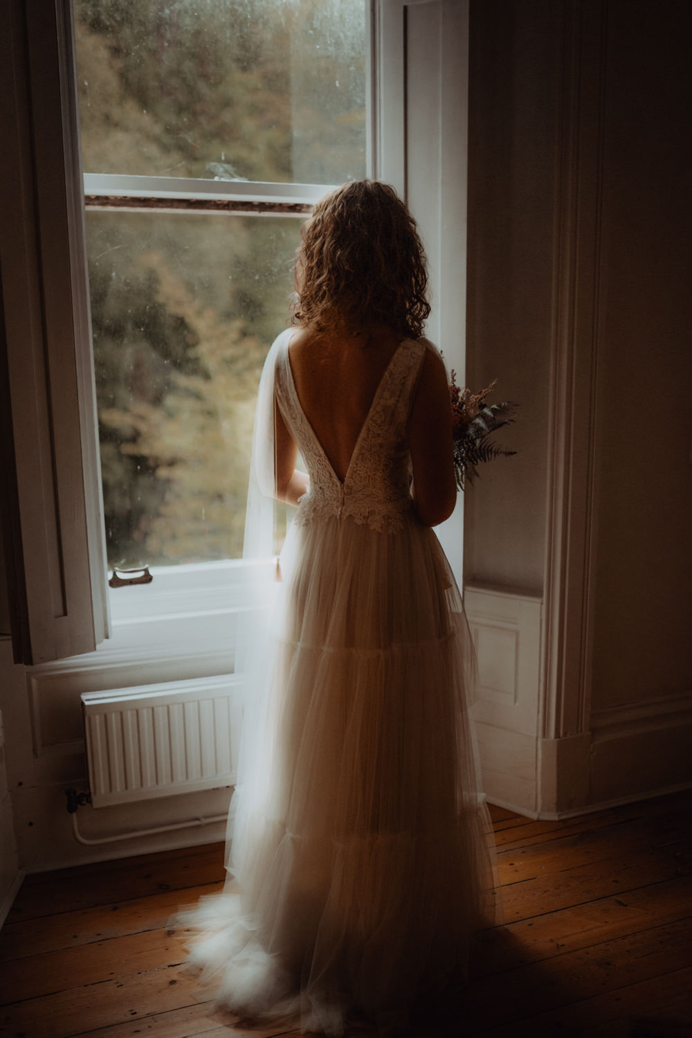 Dress Gown Bride Bridal Gala Tulle Sleeves Cape Veil Scottish Elopement Belle Art Photography