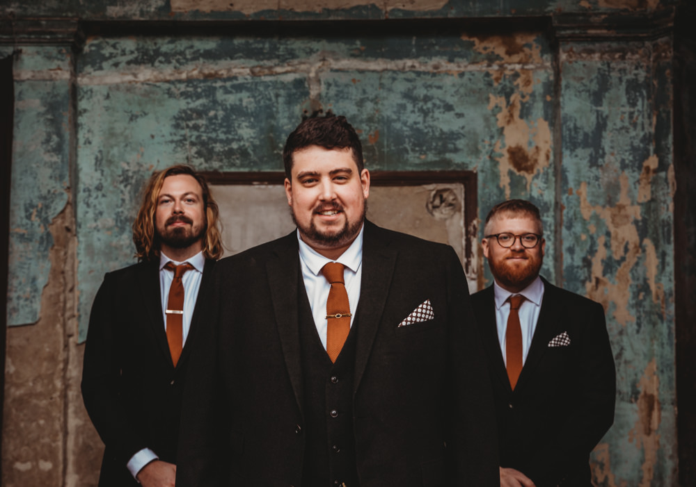 Groom Groomsmen Suit Orange Rust Tie St Bart's Brewery Wedding Joseph Kinerman