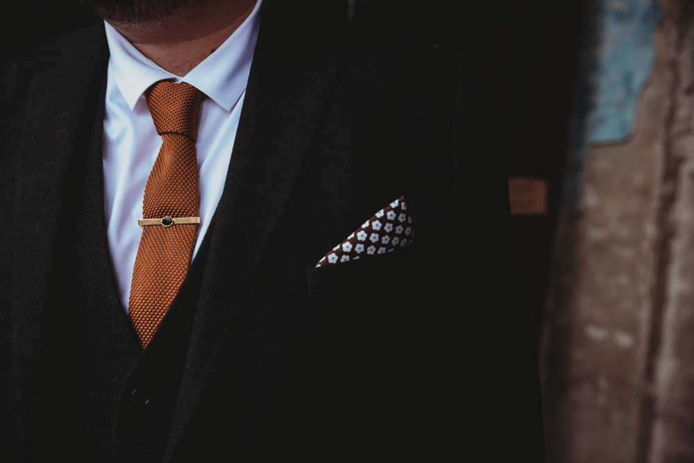 Groom Groomsmen Suit Orange Rust Tie St Bart's Brewery Wedding Joseph Kinerman