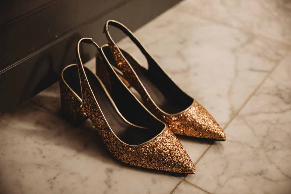 Gold Glitter Shoes Bride Bridal St Bart's Brewery Wedding Joseph Kinerman