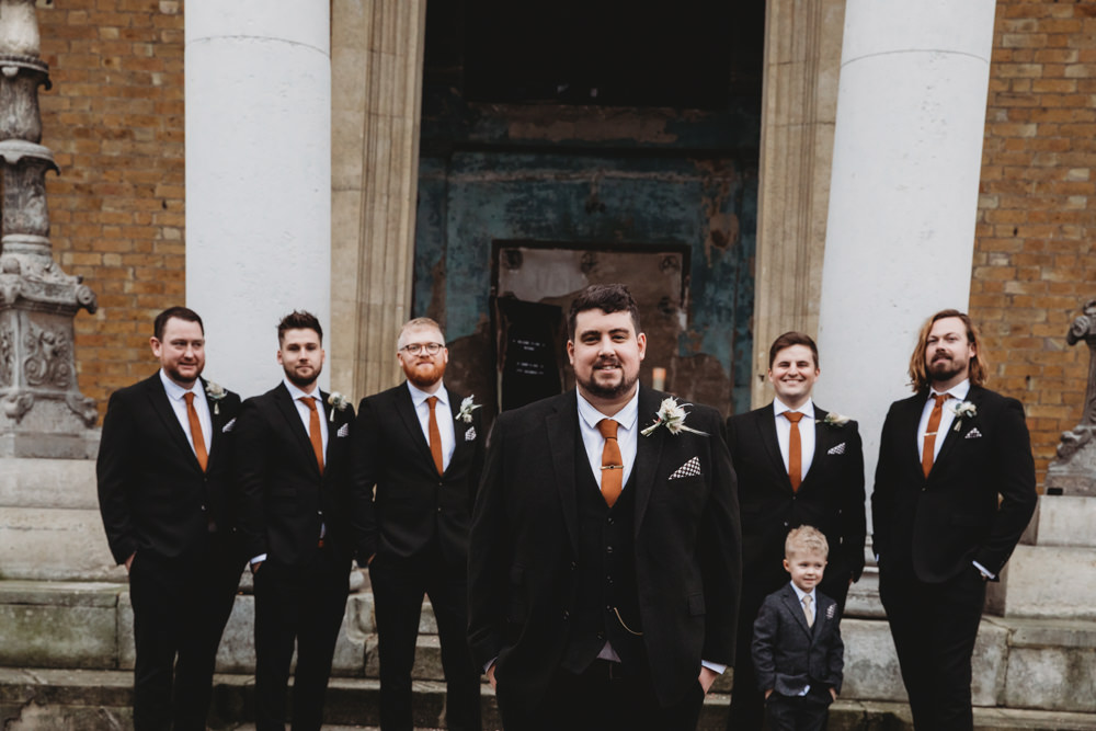 Groom Groomsmen Suit Orange Rust Tie St Bart's Brewery Wedding Joseph Kinerman