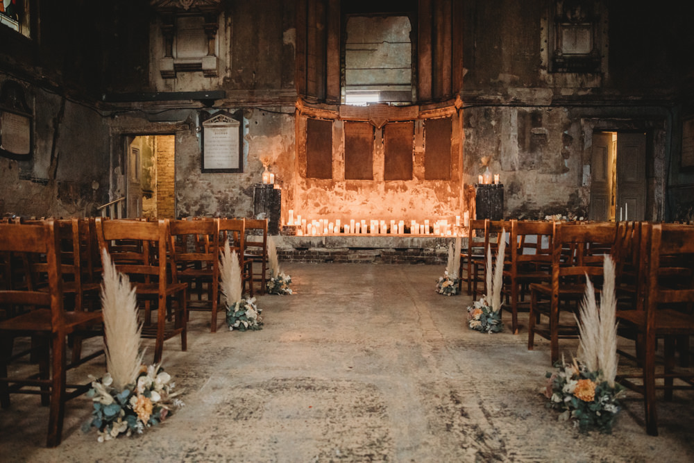 Asylum London Ceremony Decor Candles Pampas Grass Aisle St Bart's Brewery Wedding Joseph Kinerman