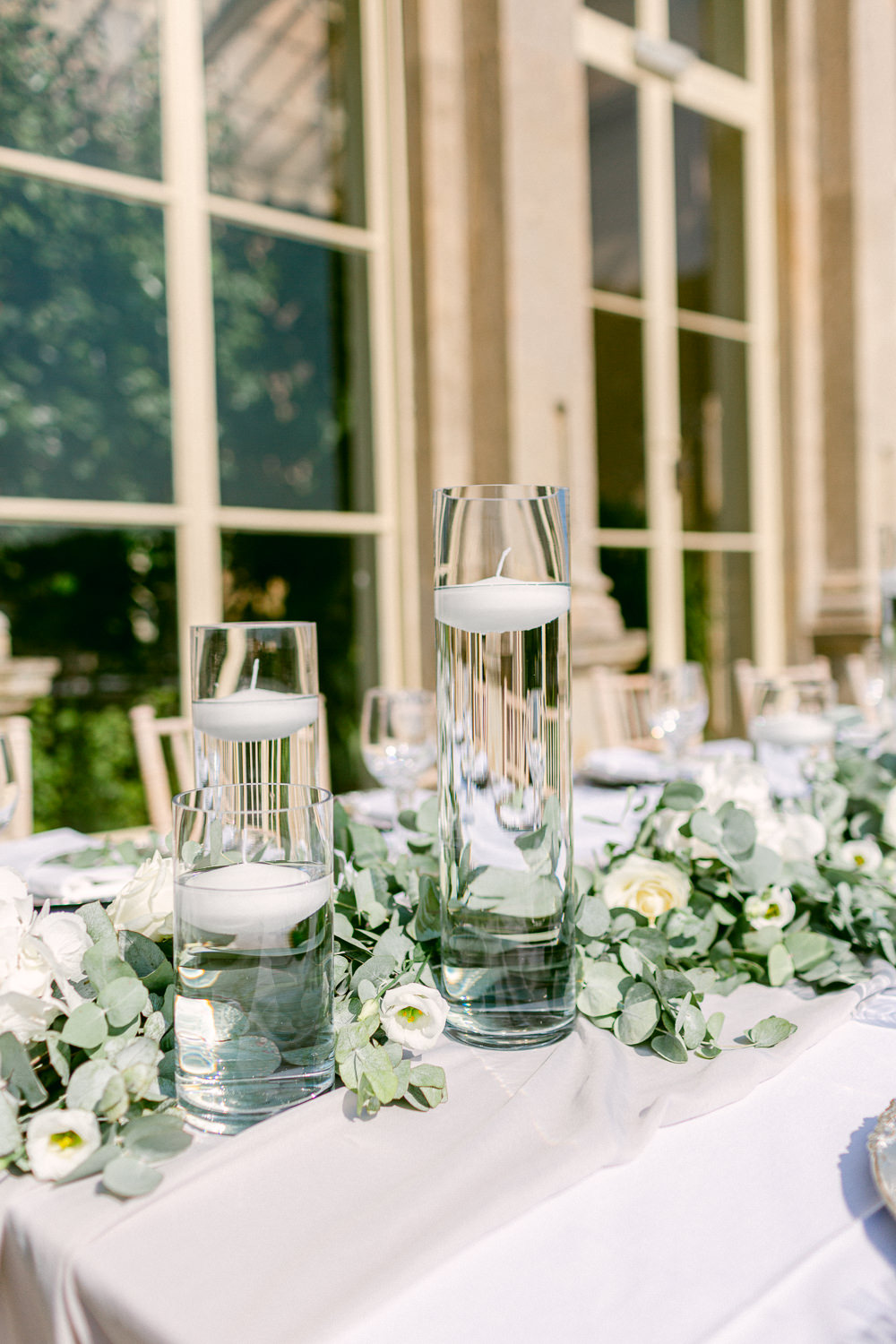 Table Tablescape Decor Greenery Foliage Runner Place Setting Water Candles Stately Home Wedding Whitney Lloyd Photography