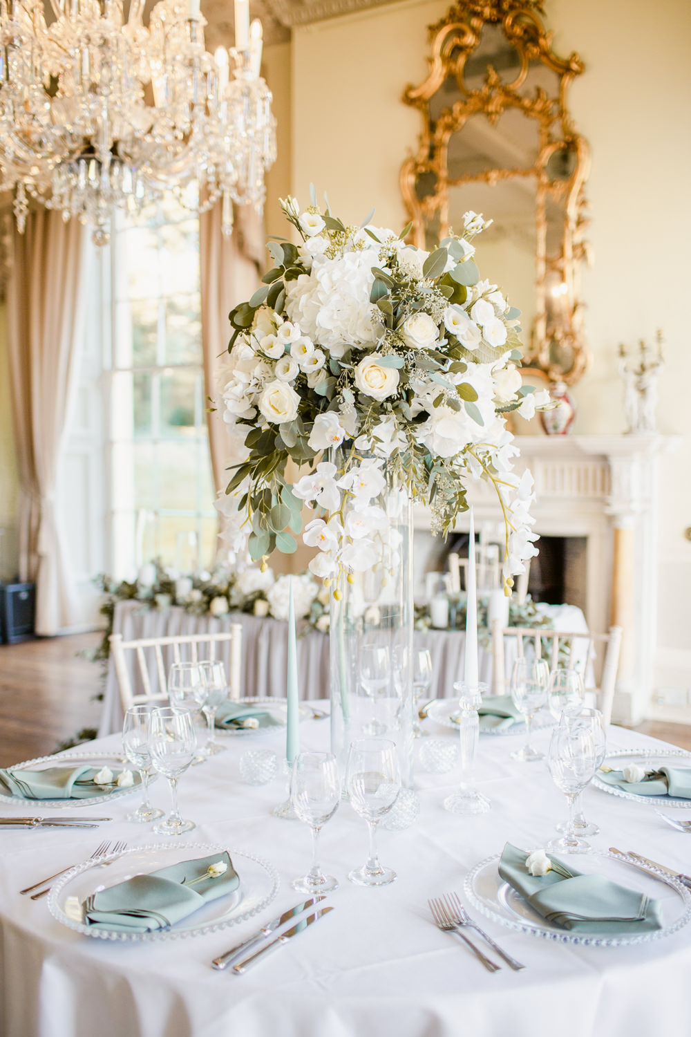Centrepiece Flowers Greenery Foliage Tall Stately Home Wedding Whitney Lloyd Photography