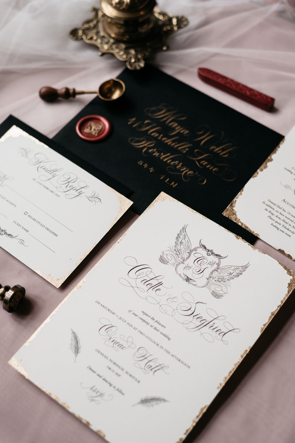 Swan Lake Wedding Ideas Salsabil Morrison Stationery Invite Invitations Calligraphy Gold Black Wax Seal