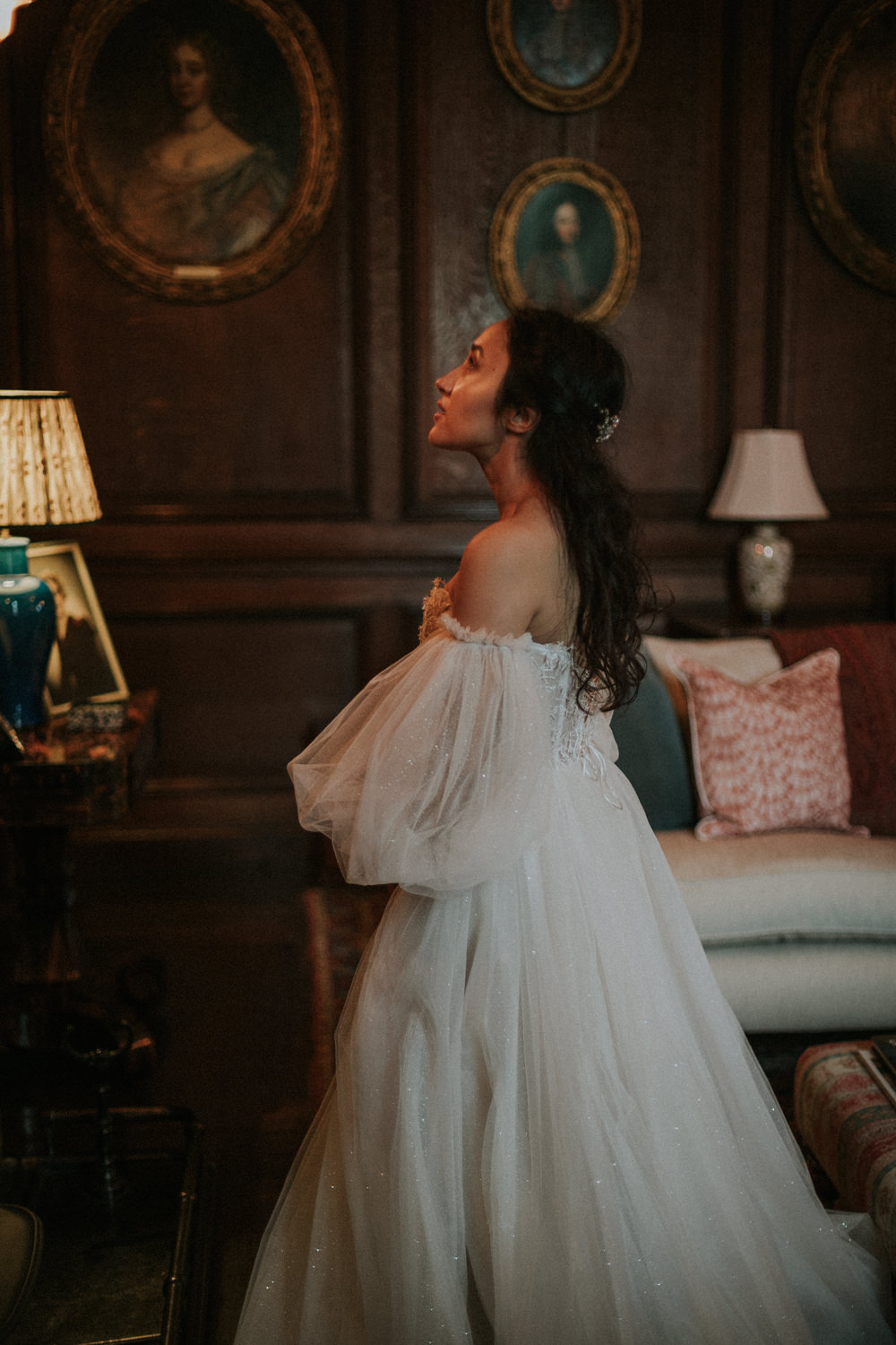 Dress Gown Bride Bridal Tatiana Kaplun Sleeves Sparkle Tulle Strapless Thirlestane Castle Wedding Bernadeta Kupiec Photography