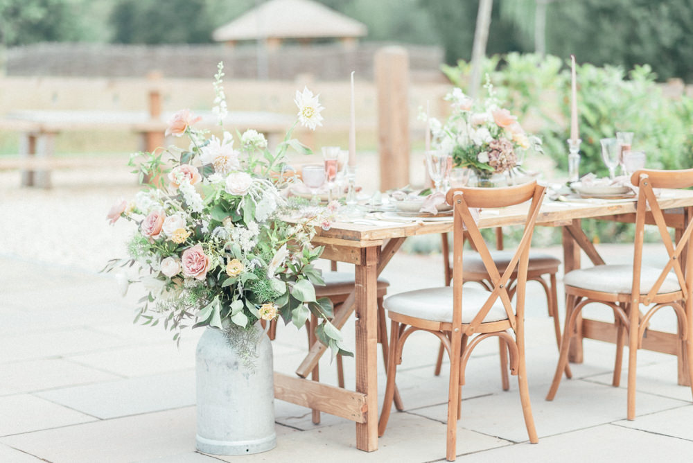 Milk Churn Flowers Table Decor Pink Rose Greenery UK Destination Wedding Hannah McClune Photography