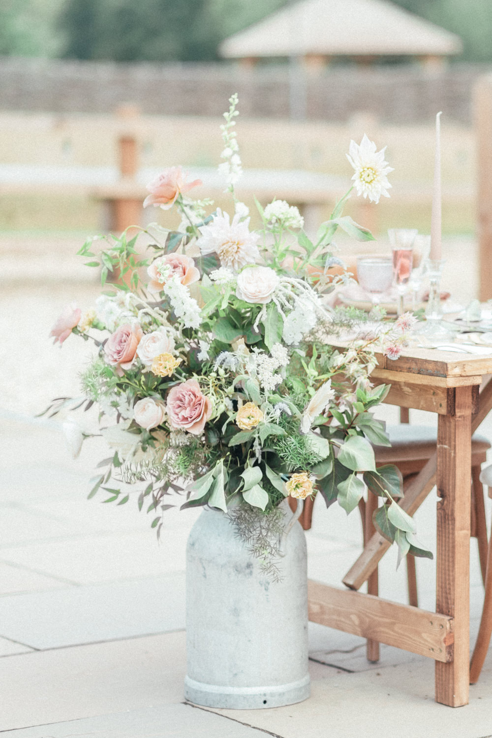 Milk Churn Flowers Table Decor Pink Rose Greenery UK Destination Wedding Hannah McClune Photography