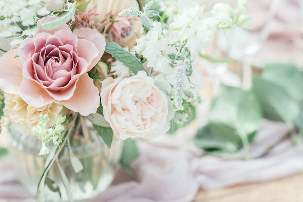 Table Flowers Centrepiece Pink Rose UK Destination Wedding Hannah McClune Photography