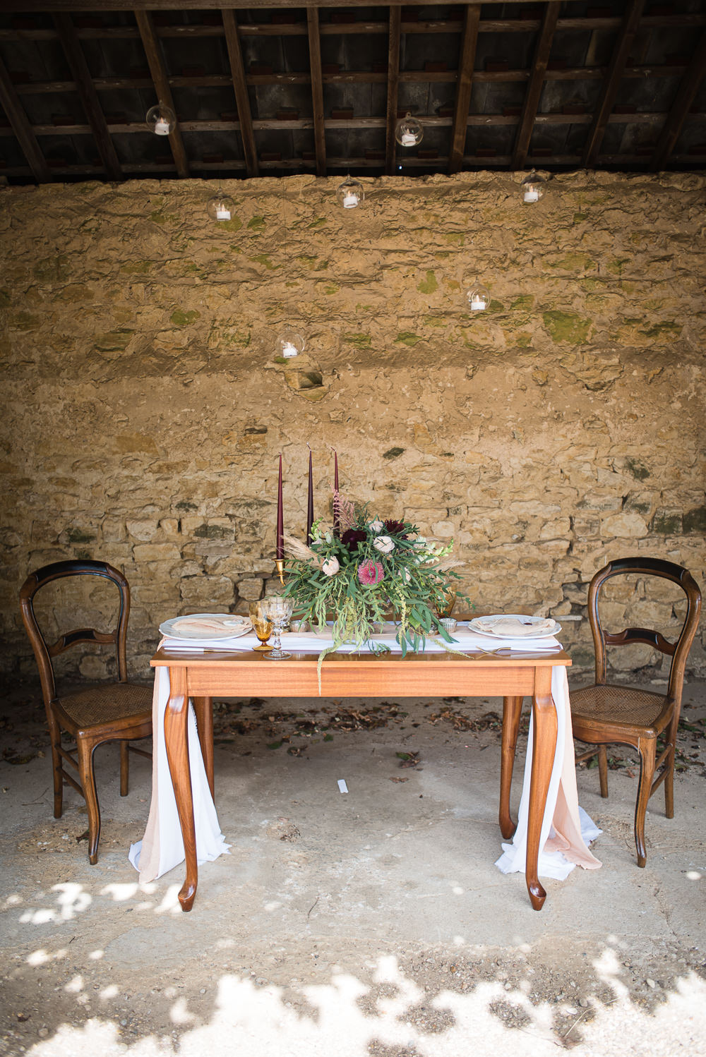 Table Tablescape Decor Pink Silk Candles Barn Elopement FJS Wedding Photography