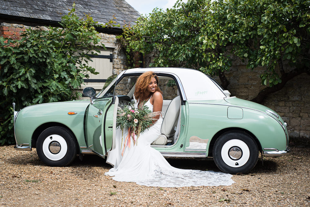 Mint Green Car Transport Retro Vintage Barn Elopement FJS Wedding Photography