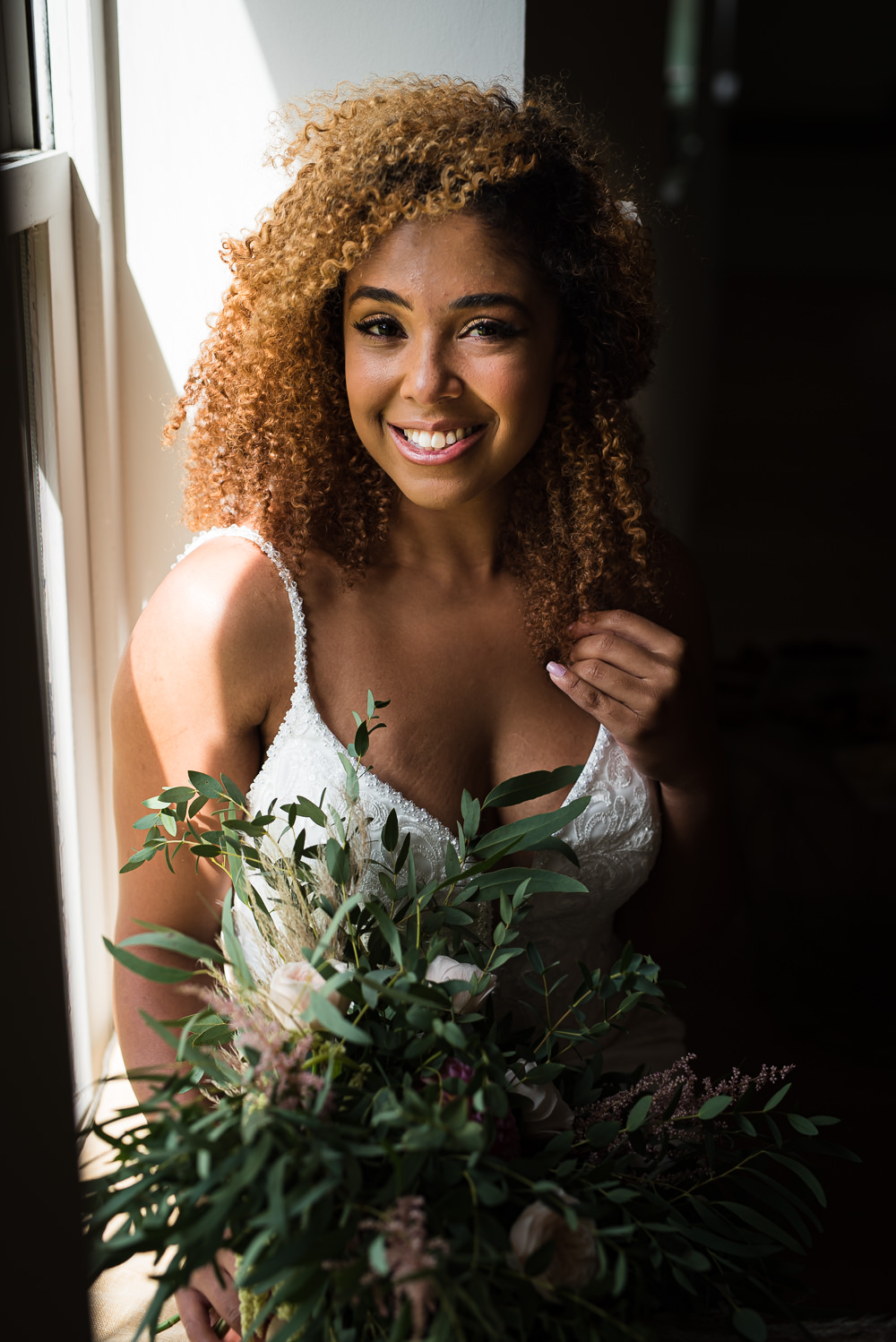 Bride Bridal Hair Make Up Bouquet Flowers Greenery Foliage Rose Dahlia Barn Elopement FJS Wedding Photography