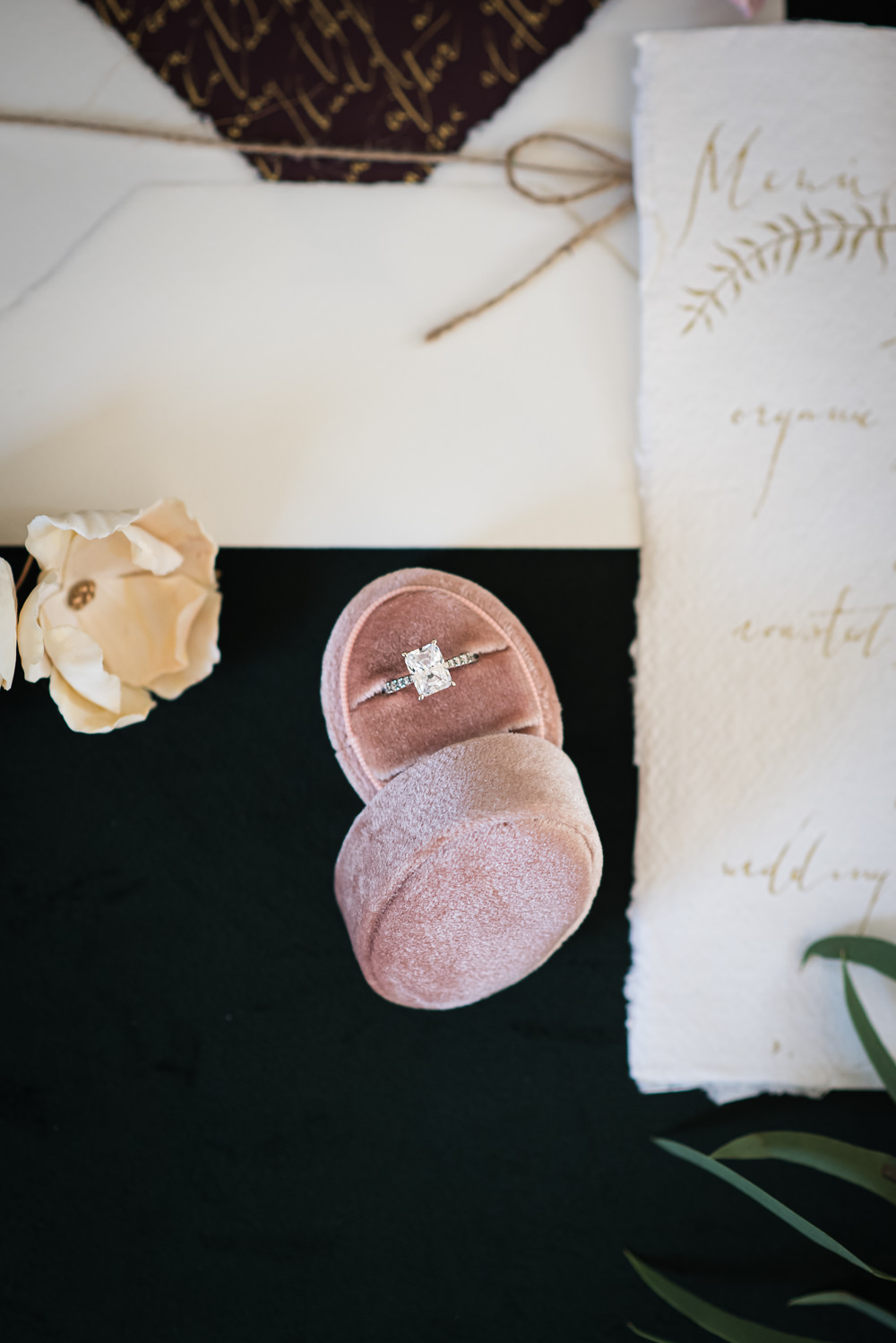 Velvet Ring Box Pink Engagement Barn Elopement FJS Wedding Photography