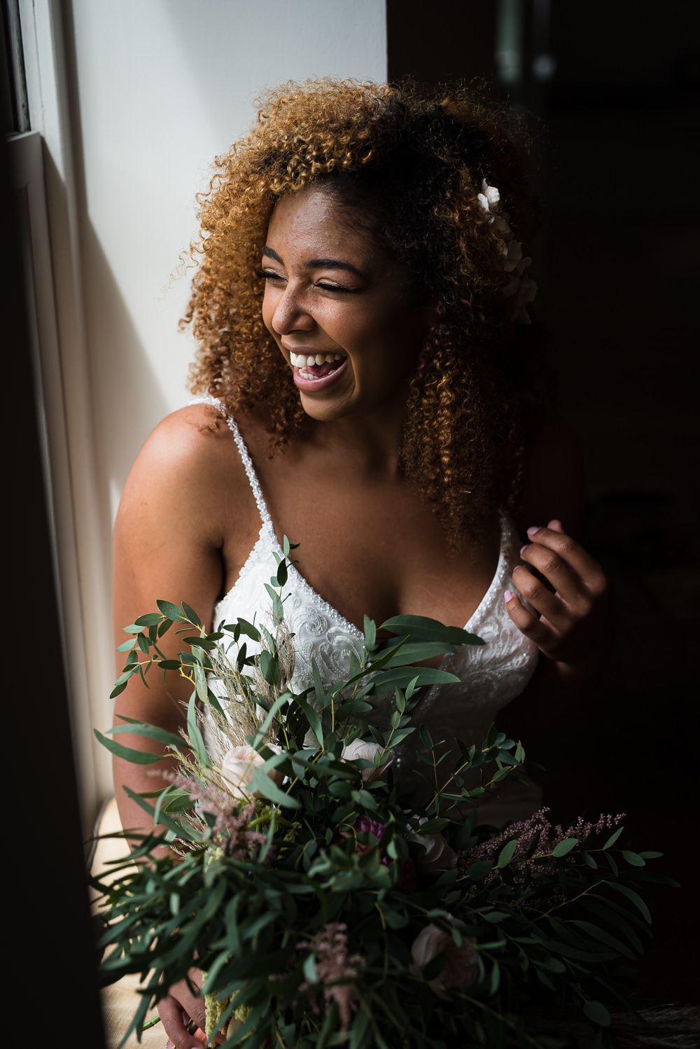 Bride Bridal Hair Make Up Bouquet Flowers Greenery Foliage Rose Dahlia Barn Elopement FJS Wedding Photography