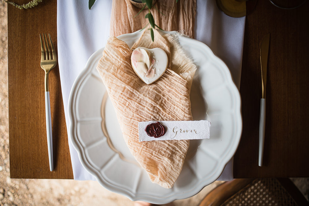 Calligraphy Wax Seal Place Name Heart Napkin Place Setting Barn Elopement FJS Wedding Photography