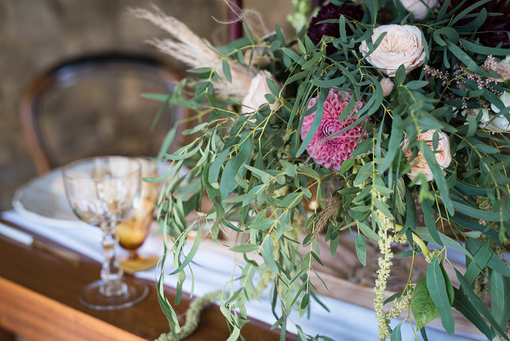 Centrepiece Flowers Greenery Rose Dahlia Pampas Grass Barn Elopement FJS Wedding Photography
