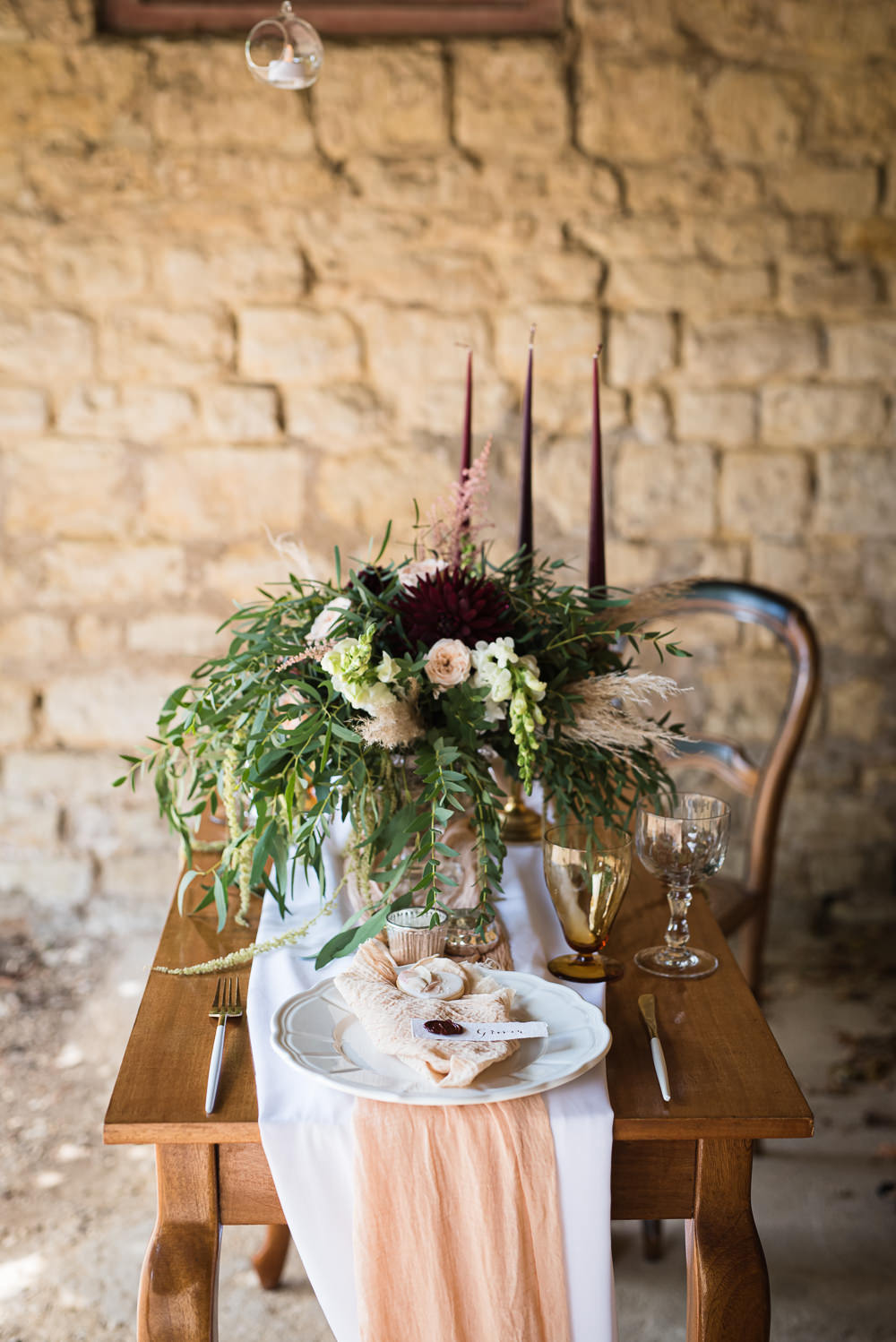 Centrepiece Flowers Greenery Rose Dahlia Pampas Grass Barn Elopement FJS Wedding Photography