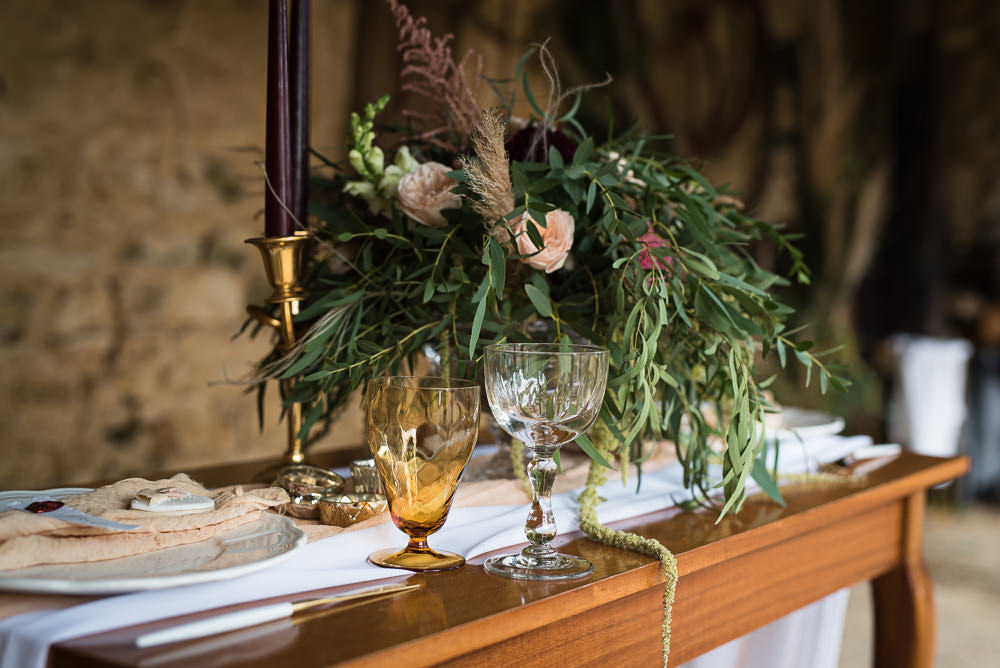 Centrepiece Flowers Greenery Rose Dahlia Pampas Grass Barn Elopement FJS Wedding Photography