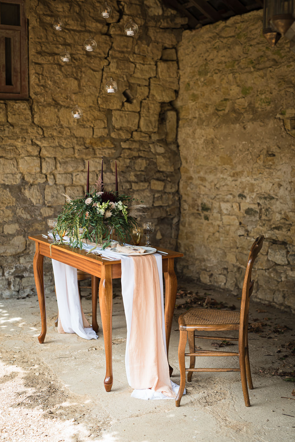 Table Tablescape Decor Pink Silk Candles Barn Elopement FJS Wedding Photography