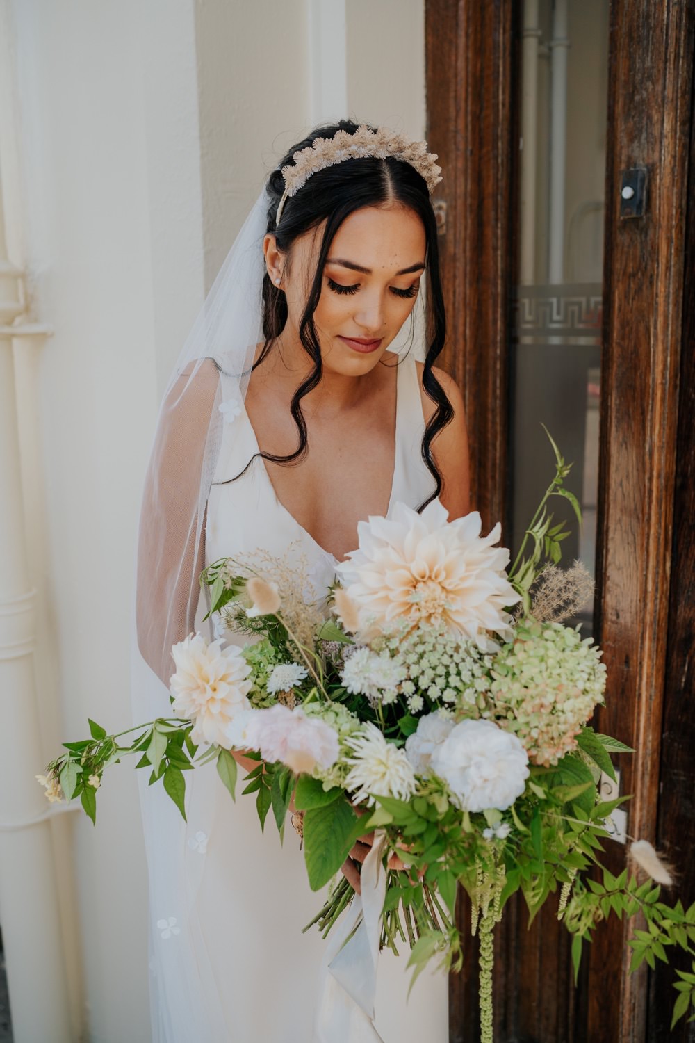 Bouquet Flowers Bride Bridal Dahlia Hydrangea Rose Greenery Brighton Town Hall Wedding Bloom Weddings