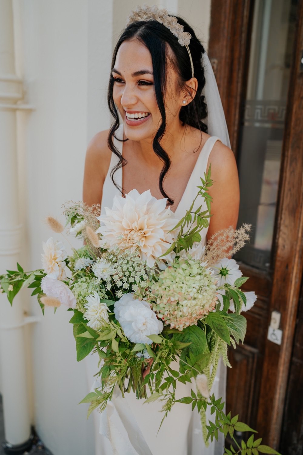 Headdress Accessory Bouquet Flowers Bride Bridal Dahlia Hydrangea Rose Greenery Brighton Town Hall Wedding Bloom Weddings
