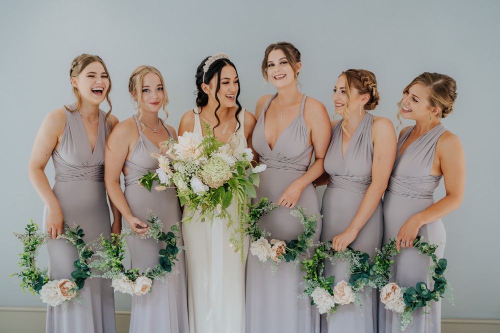 Wreath Hoop Bouquet Flowers Bride Bridal Grey Dress Dresses Bridesmaids Bridesmaid Brighton Town Hall Wedding Bloom Weddings