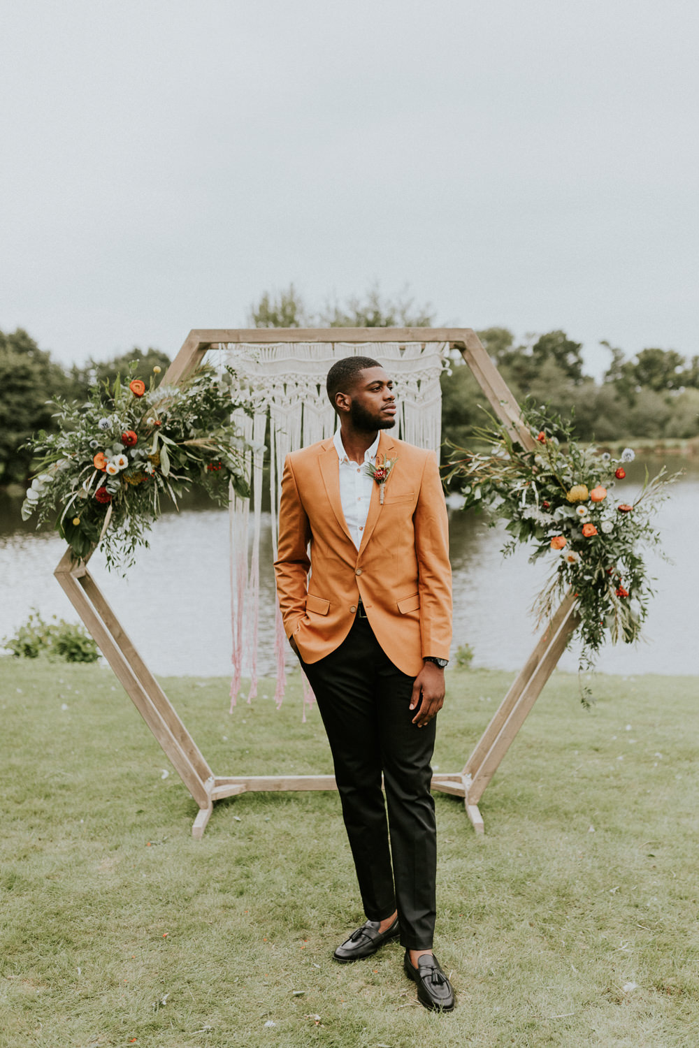 Groom Suit Orange Jacket Black Trousers Campervan Wedding Ideas Heather Sham