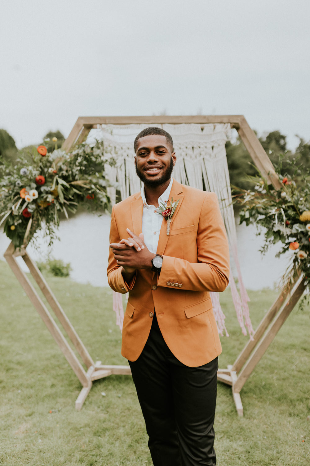 Groom Suit Orange Jacket Black Trousers Campervan Wedding Ideas Heather Sham