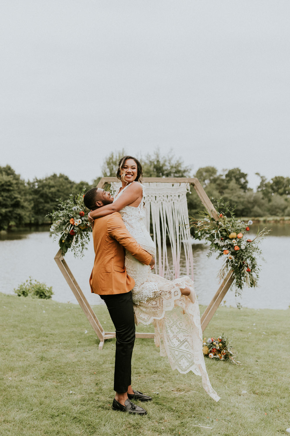 Hexagon Flower Arch Backdrop Flowers Macrame Campervan Wedding Ideas Heather Sham