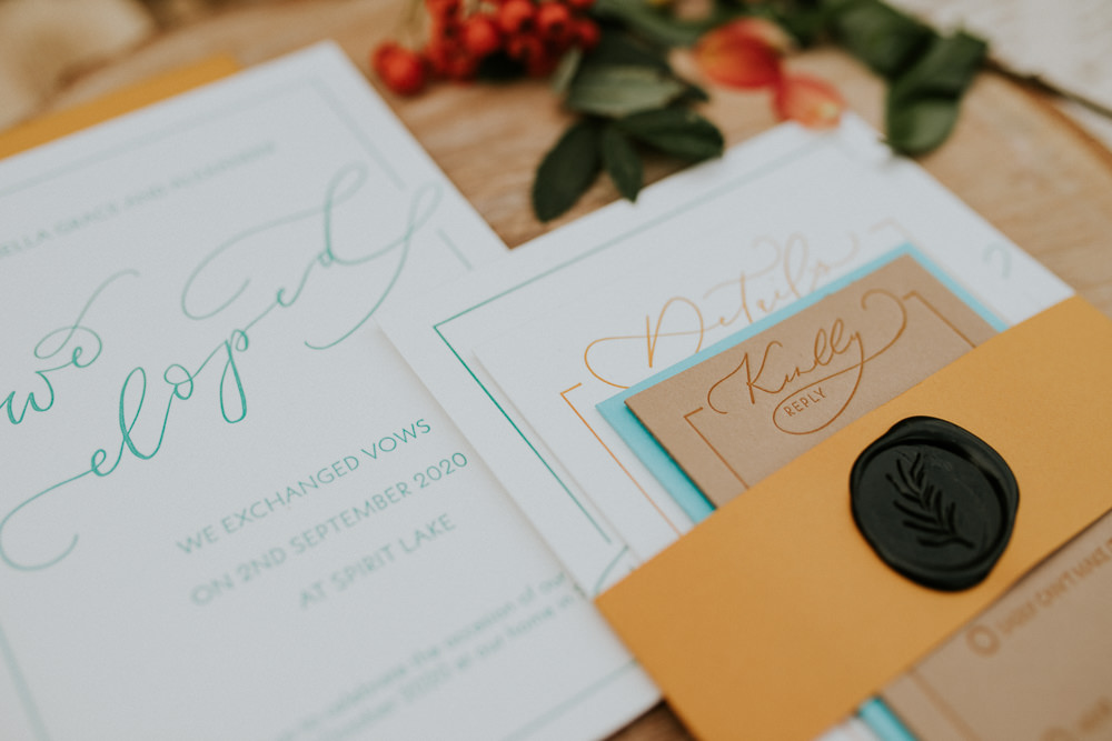 Stationery Invite Invitation Mustard Yellow Teal Blue Campervan Wedding Ideas Heather Sham