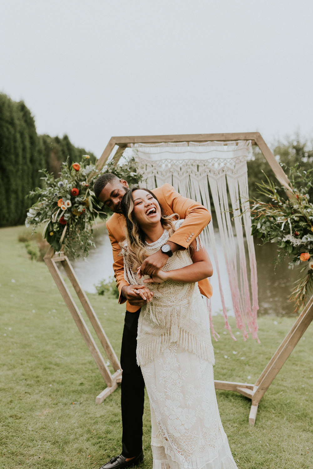 Campervan Wedding Ideas Heather Sham Hexagon Flower Arch Backdrop Flowers Macrame