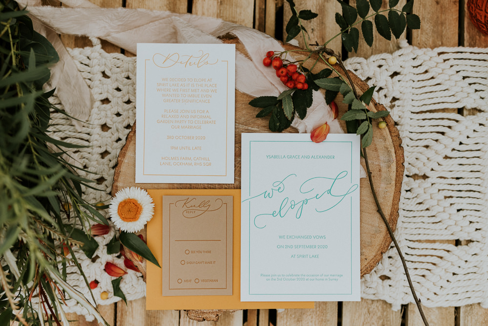 Stationery Invite Invitation Mustard Yellow Teal Blue Campervan Wedding Ideas Heather Sham