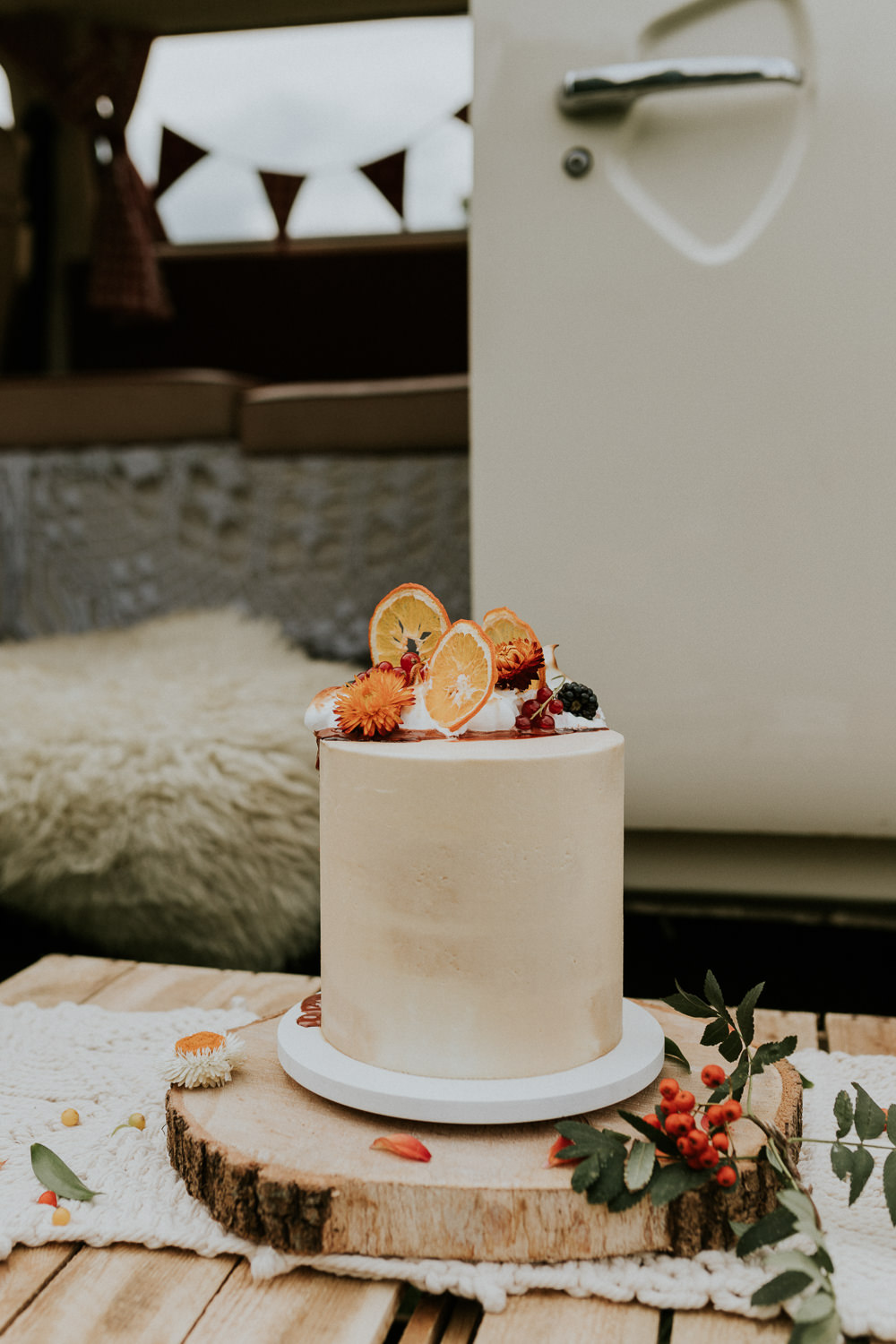 Iced Cake Fruit Flowers Log Slice Stand Campervan Wedding Ideas Heather Sham
